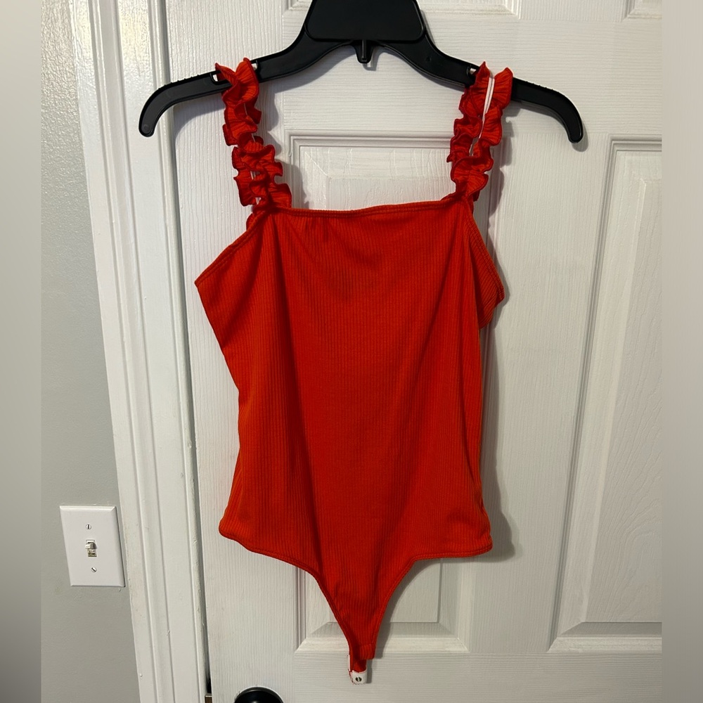 Red Ruffled Strap Fitted Bodysuit
